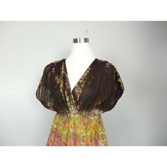 Etc Womens Dress Top L Short Sleeve Sheer Floral Brown Yello Pink Green NWT - Picture 2 of 10